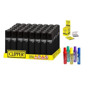 Pack de Clipper 48 Mecheros Encendedores Liso Soft Touch All Black Negro CP11RH + 5 Gas ISOBUTANO para MECHEROS + Clipper 2 Paquete de 9 Piedras de Mechero - Image 1