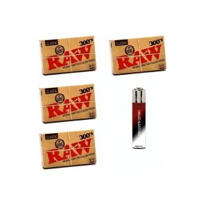 Raw 300-4 Libritosde 300 Hojas Cada Uno Total 1200 Hojas de Papel de Cáñamo Puro + Mechero Clipper Gratis - Papel Vegano y Sin Aditivos (76mm x 44mm) - Imagen 1